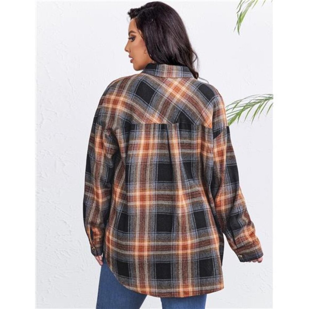 Womens Plus Size Flannel Plaid Shirts Long Sleeve Casual Collared - Picture 5 of 6